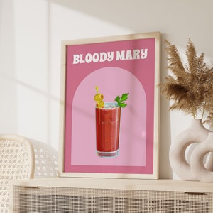 Bloody Mary Drink Print, Retro-Stil Getränke Poster, moderne Retro Wandkunst, Bar Warenkorb Drucke, Hausbar Dekor, rosa Wandkunst, Küchen Wandkunst