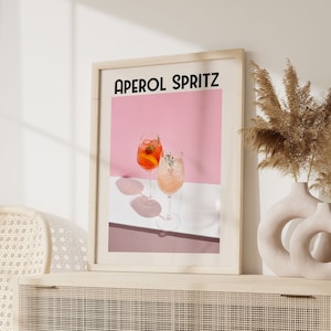 Aperol Spritz Cocktail Print, Minimalistyczny wystrój retro, Modna sztuka ścienna, Wystrój wózka barowego, Fizyczna sztuka ścienna, Duży rozmiar, Sztuka ścienna do kuchni