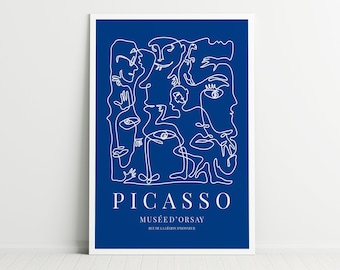 Picasso Print, Exhibition Vintage Poster, Navy Blue Wall Decor, Minimalist Line Drawing, Home Decor, Danish Pastel, Dorm decor, Gift for her