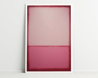 May include: Abstract painting with a white frame. The painting is divided into two sections, the top section is a light pink color and the bottom section is a deep red color.