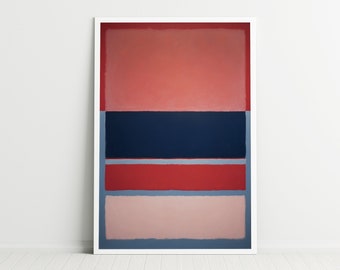 May include: Abstract art print with a horizontal stripe design in shades of red, pink, blue, and navy blue.