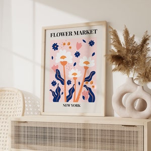 Flower Market Poster, Botanical  Prints, Les Fleurs, New York Flower Market, Pink Wall Art, Gift For Her, Dorm decor, Living Room Wall art