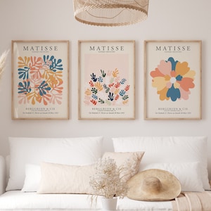 Lot de 3 estampes Matisse bleu rose, décoration de dessus de lit, affiches d'art tendance, art mural Matisse, estampes d'exposition Henri Matisse, art mural de chambre à coucher
