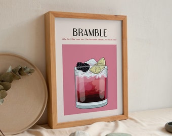 Bramble Drink print, Trendy Pink Print Retro Style Drinks Poster, Modern Retro Wall Art, Printable Bar Art, Kitchen Bar Decor, Pink Wall Art