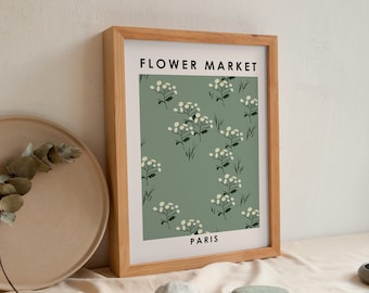 Impresión de mercado de flores, impresión de arte floral bohemio, impresión de arte botánico verde salvia inspirado en Matisse, impresión de flores abstractas, arte de pared con flores retro