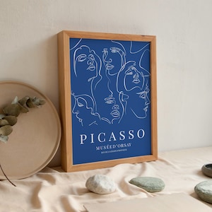 Pablo Picasso Print, Navy Blue Picasso Faces Poster, Minimalist Exhibition Print, Gallery Wall Art, Large wall art, Home Decor, Dorm decor