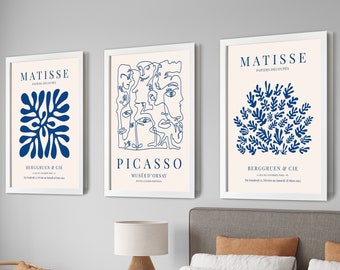 Juego de 3 impresiones de pared en azul marino, juego de pósteres de Matisse, impresión de Picasso, juego de arte de pared azul, juego de 3 impresiones, juego de impresiones neutras de mediados de siglo, regalo