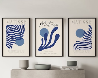Matisse azul marino, juego de 3 láminas de Matisse, arte mural preppy, pósteres de exposiciones, decoración de otoño, arte mural navideño, arte mural para sala de estar