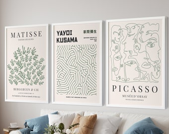 Sage Green Henri Matisse Print Set of 3, Set of Picasso Wall Posters, 3 Piece Gallery Wall art set, Living Room prints set, Dorm wall decor