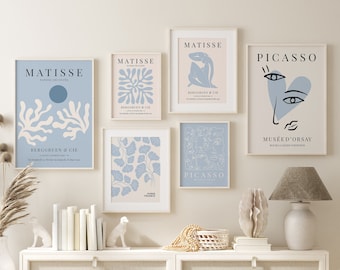 Set Of 6 Henri Matisse Print Set, Gallery Wall Prints, Blue Wall Art, Preppy Room Decor, Living Room Wall Art, Dorm Decor, Bedroom Wall Art