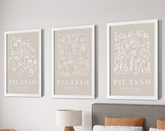 Lot de 3 estampes Pablo Picasso, oeuvres d'art murales de salon, décoration de couloir, gravures de chambre à coucher, ensemble d'art mural de galerie, décoration d'intérieur, décoration de dortoir
