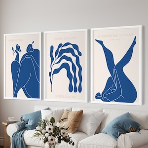Blue Henri Matisse Print Set Of 3, Wall Art, Gallery Wall Set of 3, Preppy Room Decor, Living Room Wall Art, Dorm Decor, Bedroom Wall Art