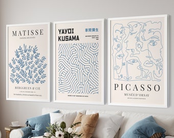 Sky Blue Henri Matisse Set of 3, Picasso Poster set, Modern Wall Print, Living Room prints, Gallery Wall Set of 3, Dorm Decor, Home art