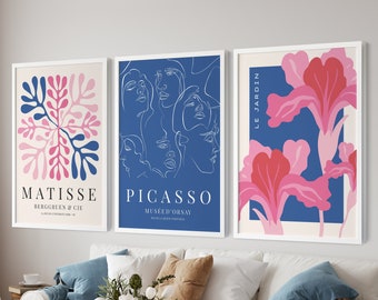 Navy Blue Henri Matisse Colorful Print Set of 3, Set of Matisse Wall Poster, 3 Piece Mid Century Gallery Wall art set, Picasso wall prints