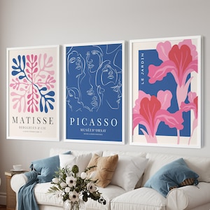 Navy Blue Henri Matisse Colorful Print Set of 3, Set of Matisse Wall Poster, 3 Piece Mid Century Gallery Wall art set, Picasso wall prints
