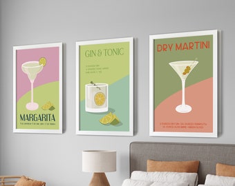 Retro Cocktail Print Set of 3, Physical Large Prints, Colorful Cocktail Gallery Wall Set, Trendy Wall Decor, Bar Prints, Gin Tonic, Kitchen