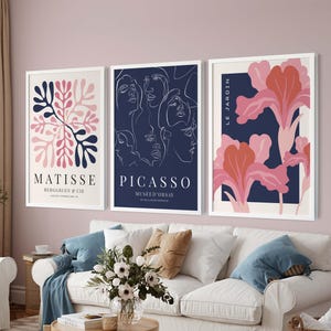 Navy Blue Henri Matisse Colorful Print Set of 3, Set of Matisse Wall Poster, 3 Piece Mid Century Gallery Wall art set, Picasso wall prints