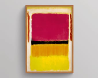 May include: Abstract painting with a red, orange, yellow, and black color scheme. The painting is framed in a wooden frame.
