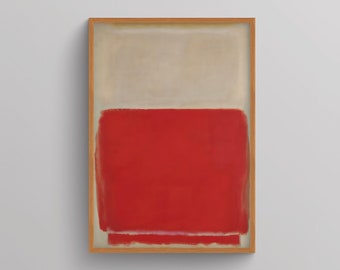 May include: Abstract painting with a horizontal division. The top half is a light beige color, and the bottom half is a vibrant red.