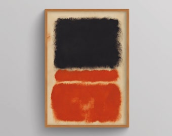 May include: Abstract art print in a wooden frame. The artwork features a black rectangular shape above a red rectangular shape. The background is a light beige color. The frame is made of light brown wood.