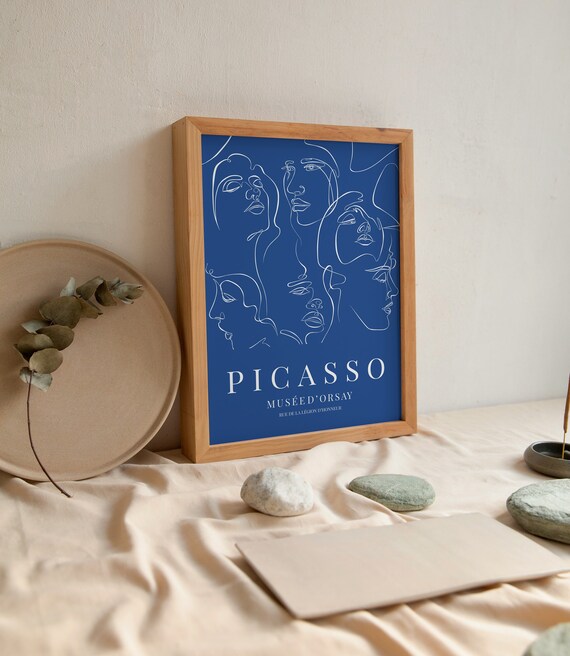 Pablo Picasso Print, Navy Blue Picasso Faces Poster, Minimalist