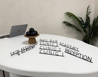 Könnte beinhalten: Ein weißer Tisch mit schwarzen Metallschilden mit den Aufschriften "Nail Bar Academy", "Clinic 3", "Clinic 2", "Clinic 1", "Reception" und "Skin Aesthetics & Academy".