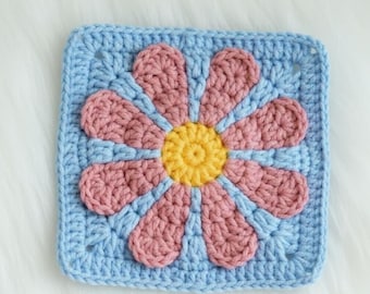 Patrón de ganchillo "Abuela Flor de Margarita", motivo cuadrado de margarita para mantas y cárdigans (PDF para impresión digital) con fotos