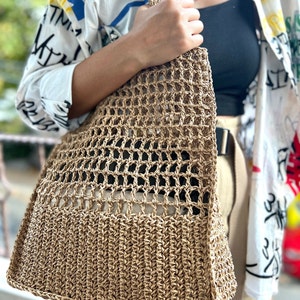 Handknitted Raffia Bag, Handmade Crochet Shoulder Tote, Raffia Handmade Tote, Large Beach Bag, Straw Summer Bag, Handmade Raffia Bag GIFT