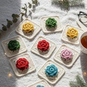 May include: A collection of handmade crochet coasters. Each square coaster features a colorful, three-dimensional flower in shades of yellow, green, red, pink, and blue. The coasters are arranged on a white surface, with a cup of tea and eyeglasses in the background.