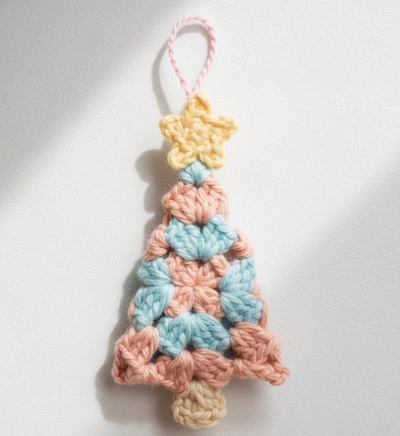 May include: A handmade crochet Christmas tree ornament. The tree is made of pink and blue yarn, topped with a yellow star and a pink hanging loop. The base of the tree is beige. The ornament is designed to be hung.