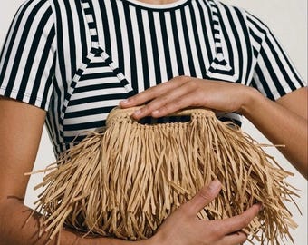 Bolso de mano de paja natural, bolso de ganchillo XL con flecos, bolso de verano grande, bolso de noche de rafia hecho a mano, bolso de playa estilo bohemio