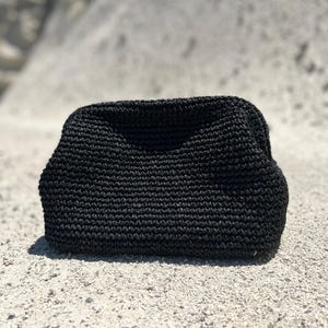 Handmade Black Crochet Raffia Clutch: Lined Woven Bag