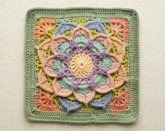 Cuadrado grande con estampado floral de la abuela, motivo botánico primaveral Frida para manta, patrón en PDF.