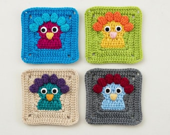 Patrón de crochet cuadrado de la abuela pavo: Motivo animal (descarga digital en PDF)