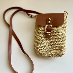 Raffia Phone Bag, Straw Phone Bag, Crochet Phone Bag, Leather Strap Phone Bag, Straw Crochet Bag, Mini Phone Bag, Woven Handmade Coach