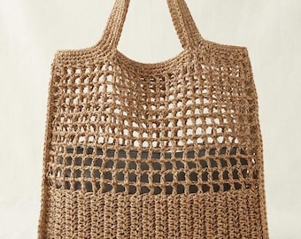 Tan Crochet Raffia Tote: Handmade Woven Summer Beach Bag