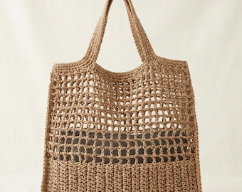 Raffia Beach Tote: Crochet Summer Shoulder Purse, HandKnitted Bag