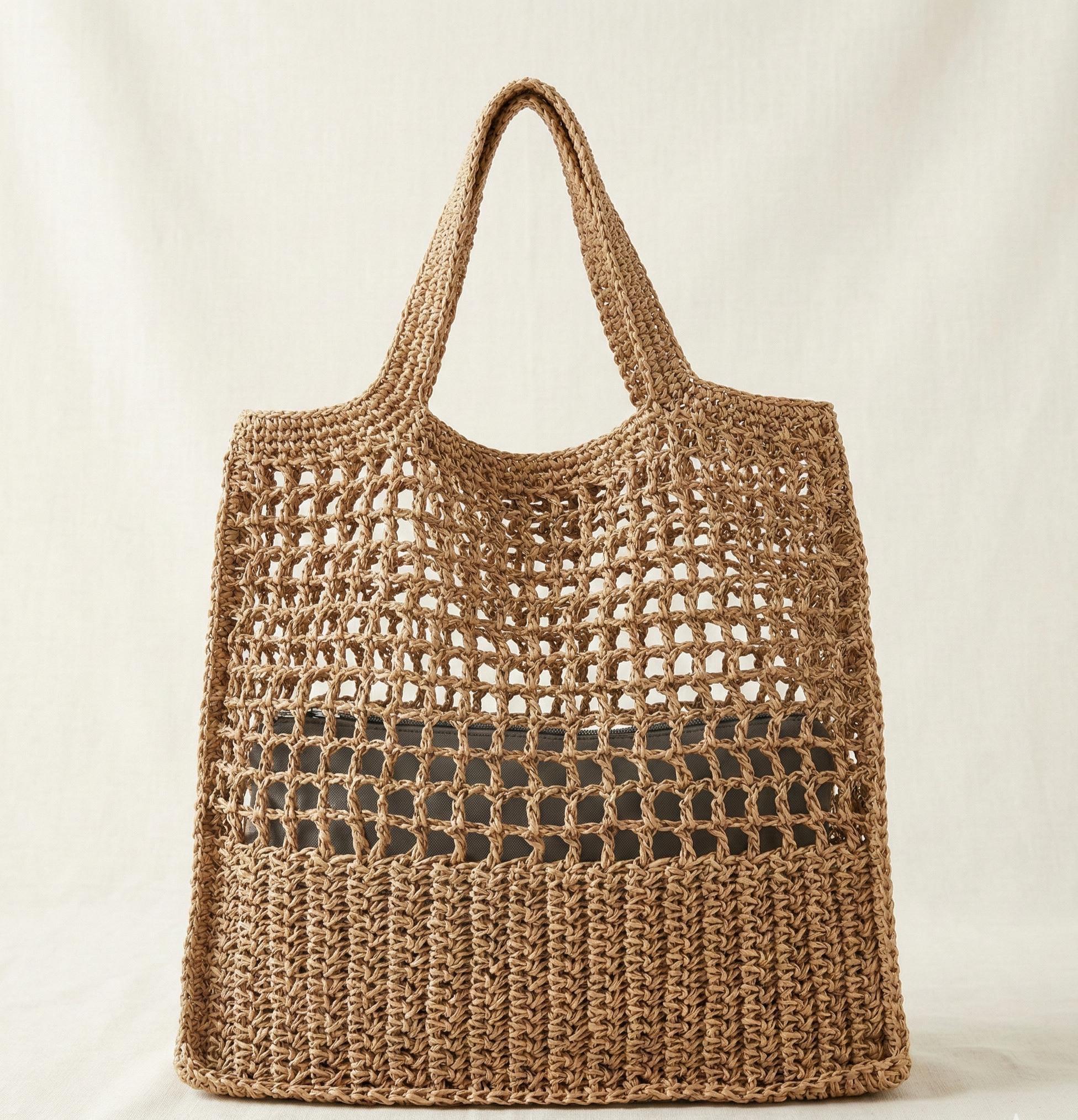 Raffia Beach Tote: Crochet Summer Shoulder Purse, Handknitted Bag