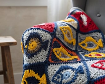 Patrón de manta de bebé con pez costero (cuadrado de la abuela): PDF digital