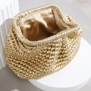 Gebreide goudmetallic tas, raffia tasje, gehaakt gouden tasje, gouden clutch, goud geweven clutch, avondtasje, gehaakt zakje