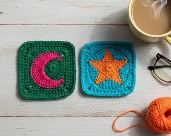 Patrón de crochet cuadrado de abuela con estrella y luna. Estrella y luna para bolso, manta y cárdigan (PDF digital)