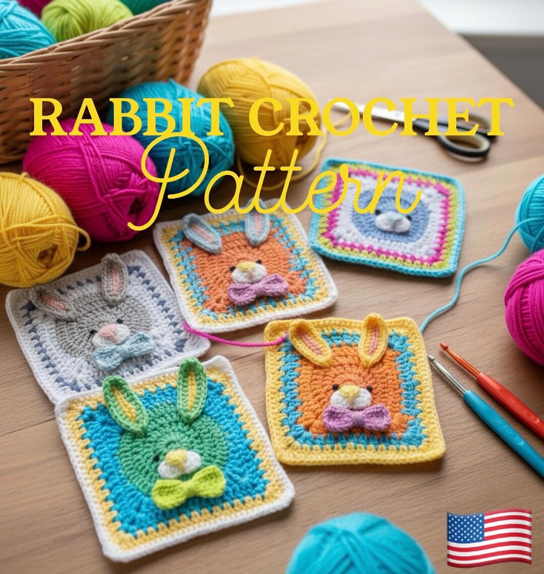 Knit Square Rabbit Pattern Rabbit Crochet Square Pattern: Granny Square Rabbit Pattern, English ...