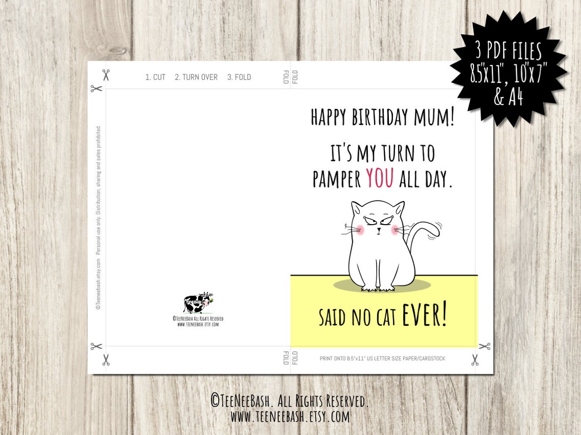 Printable Funny Birthday Card for Mum From the Cat Happy Birthday Cat ...
