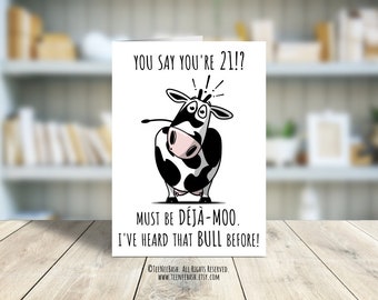 Tarjeta de cumpleaños divertida con temática de vaca: Deja-Moo sarcástico para el 21 cumpleaños (Descarga digital)