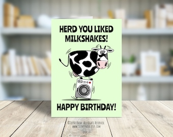 Tarjeta de cumpleaños divertida con batido de leche de vaca, juego de palabras con animales de granja (descarga digital en PDF)
