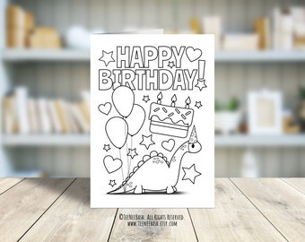 Divertida tarjeta de cumpleaños para colorear de dinosaurios para niños: Juego de palabras con Fartisaurus (Descarga digital)