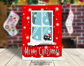 Tarjeta navideña de gato negro, saludo festivo imprimible (plantilla PDF incluida)
