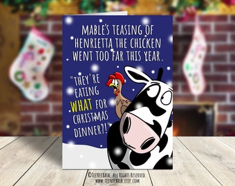Tarjeta navideña divertida de Henrietta Chicken, PDF imprimible (sobres gratis)