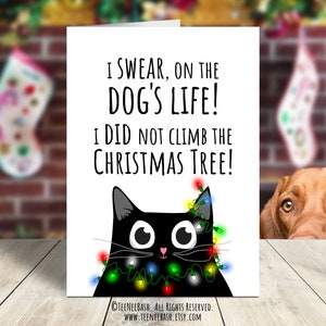 Carte de vœux de Noël imprimable avec chat rigolo, modèles de cartes de voeux PDF à imprimer soi-même à la maison, modèles d'enveloppes imprimables gratuits inclus
