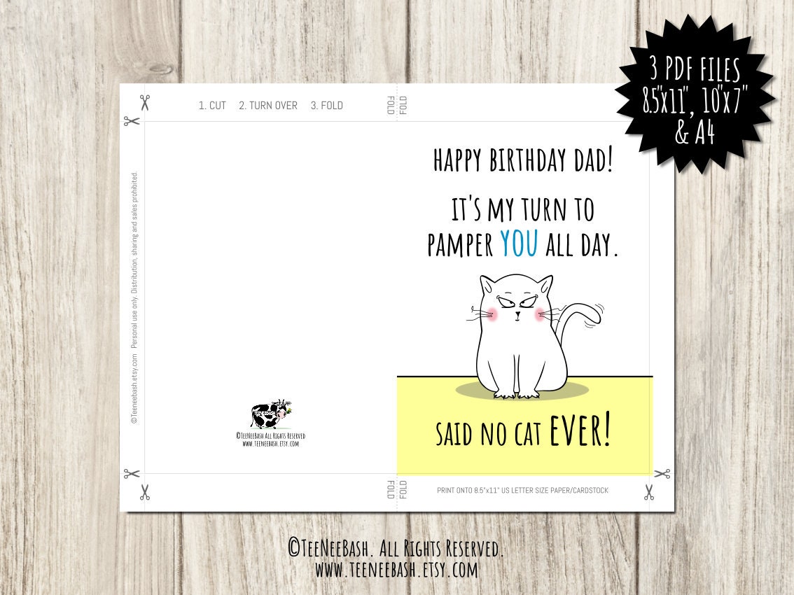 Printable Funny Birthday Card for Dad From the Cat Happy Birthday Cat ...